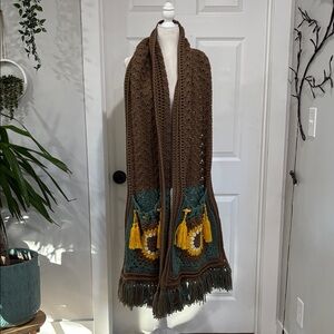 Handmade Brown Crochet Scarf with Fringe and Tassels